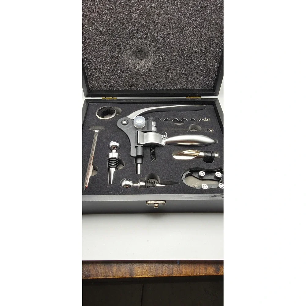 Hotel Collection 7 Piece Wine Tool Set in Black Wood Gift Box Corkscrew Stoppers
